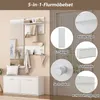 A white entryway furniture set with a mirror, shelves, hooks, and a shoe cabinet, presented with callouts highlighting different components. Produktbild-Vorschau