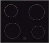 A black electric stovetop with four circular heating elements is shown from a top-down perspective. A small, stylized logo is visible in the bottom center of the stovetop. Produktbild-Vorschau
