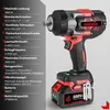 A cordless impact wrench with a battery pack, shown next to a detailed specification list. Voir les images du produit