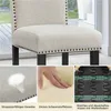 A collage showing a beige upholstered dining chair with nailhead trim, and close-ups of its fabric, foam cushion, and spring system. Podgląd zdjęcia produktu