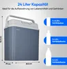 A marketing image showing a portable cooler box with dimensions and capacity information, along with graphics illustrating how many bottles and cans it can hold. Produktbild-Vorschau