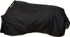 A black horse blanket with gold trim is laid out on a white background. Produktbild-Vorschau