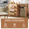 A sewing table with integrated power outlets and USB ports, featuring shelves for spools of thread. Produktbild-Vorschau
