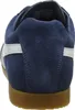 The back view of a blue suede sneaker with a white stripe and a brown sole. Anteprima dell’immagine prodotto