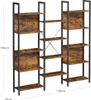 A multi-shelf bookcase with a rustic wood and black metal design, shown against a white background with dimension labels. Produktbild-Vorschau