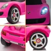 A collage of four close-up images of a pink toy Porsche Carrera GT. Produktbild-Vorschau