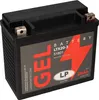 A black gel battery with a gray label showing product details and branding. Produktbild-Vorschau