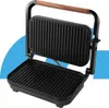 A black electric contact grill with a wooden handle is shown open against a white and light blue background. Produktbild-Vorschau