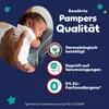 A close-up of a baby sleeping on an adult's shoulder, with marketing text and certifications overlaid. Produktbild-Vorschau