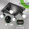 A black ceiling lamp with four adjustable spotlights is shown against a light gray background. Text overlays and a logo are present. Voir les images du produit