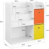 A diagram showing the dimensions of a white bookshelf with orange and yellow storage cubes. Produktbild-Vorschau