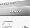 Close-up of a stainless steel range hood with push buttons and informational text and icons below. Náhľad obrázku produktu