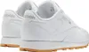 A pair of white Reebok Classic Leather sneakers with gum soles, shown from a rear-side angle. Produktbild-Vorschau