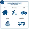 A graphic illustrating various scenarios where a mobile workshop is suitable, including home, construction sites, gardens, cars, and camping. Produktbild-Vorschau