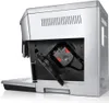 Rear view of a silver and black coffee machine with a compartment open, revealing internal components. Produktbild-Vorschau
