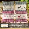 Four decorative pillows with country-style patterns are displayed outdoors against a stone wall and greenery. A certification logo and descriptive text are overlaid on the bottom right. Produktbild-Vorschau