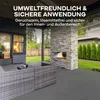 An outdoor patio area with furniture and a stone fireplace, with text overlay promoting a product. Produktbild-Vorschau