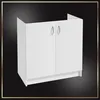 A white cabinet with two doors and silver handles, presented against a black background with a gold border. Voir les images du produit