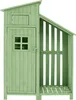 A light green wooden garden shed with a door and an open storage area. Náhled obrázku produktu