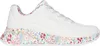 A side view of a single white sneaker with a floral print on the sole and inner lining. Produktbild-Vorschau