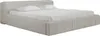 A beige upholstered bed with two pillows and a white sheet. Produktbild-Vorschau