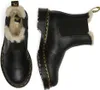 A pair of black Dr. Martens Chelsea boots with faux fur lining, shown from a top-down and side view against a white background. Produktbild-Vorschau