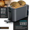 A toaster with two rolls on a warming rack, with text overlays describing features. Voir les images du produit