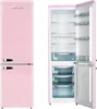 A pink retro-style refrigerator with its door open, showing the interior compartments. Produktbild-Vorschau