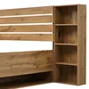 A close-up view of a wooden bed frame with a built-in bookshelf. Náhled obrázku produktu