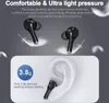 Marketing image showing black wireless earbuds with text highlighting comfort and light weight, and a graphic illustrating the weight of the earbuds. Produktbild-Vorschau