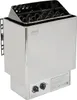 A stainless steel sauna heater with black control knobs and heating elements visible at the top. Náhled obrázku produktu