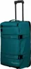 A teal colored travel bag with wheels and a retractable handle. Voir les images du produit
