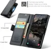 A black leather wallet-style phone case is shown open, displaying card slots and a phone screen. Produktbild-Vorschau