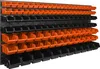 A wall-mounted storage system with multiple orange and black bins. Produktbild-Vorschau