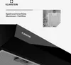 A close-up marketing image of a black kitchen hood with text and a small inset image of a filter in a dishwasher. Produktbild-Vorschau