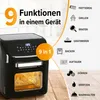 A black air fryer with a digital display and a basket of fries inside, shown with a list of its 9 functions. Produktbild-Vorschau