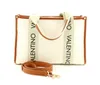 A white tote bag with brown trim and straps, featuring the "Valentino" logo printed vertically on the straps. A detachable brown leather strap with gold hardware is placed in front of the bag. Anteprima dell’immagine prodotto