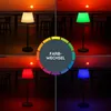 A collage of four images showing a floor lamp in different colors (white, green, red, blue) against a sunset background, with a color wheel graphic in the center. Produktbild-Vorschau