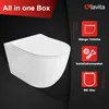 A white wall-mounted toilet is displayed on a dark background with marketing text and icons on the right side. Produktbild-Vorschau