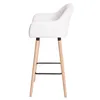 A white bar stool with wooden legs is shown from the side against a white background. Náhled obrázku produktu