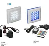 Two LED light fixtures with their respective power adapters and remotes are displayed against a white background. Produktbild-Vorschau