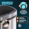 Close-up of a silver sensor trash can with informational overlays and graphics. Produktbild-Vorschau