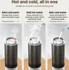 Three images showing a portable coffee maker with different instructions for adding hot or cold water. Podgląd zdjęcia produktu