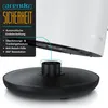 A close-up view of the base and lower part of a white kettle, with a black base and a black connector. Text overlays describe safety features. Podgląd zdjęcia produktu