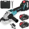 A cordless angle grinder kit with accessories, including batteries, a charger, and a case, displayed on a white background. Produktbild-Vorschau
