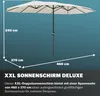 A large, cream-colored double parasol is shown with dimensions indicated by lines and text. Produktbild-Vorschau
