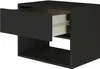 A black nightstand with one drawer pulled out, showing the interior and drawer slides. Voir les images du produit