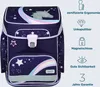 A dark purple school backpack with a unicorn and rainbow design, shown with feature callouts on the right. Produktbild-Vorschau