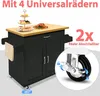 A black kitchen cart with a wooden top, featuring a towel rack, a drawer, and two cabinets. It is shown with food items on top and a close-up of a locking wheel. Voir les images du produit
