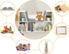 A collage of images showcasing a white bookshelf with a seat cushion, along with various items that could be stored in or displayed on it. Podgląd zdjęcia produktu